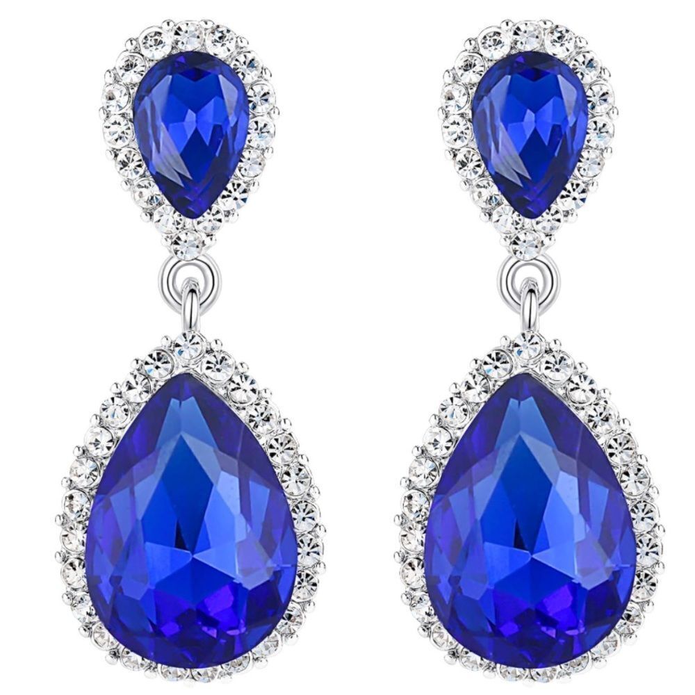 Silver with Royal Blue and Diamond Austrian Crystal TeardropāPost Back Earrings